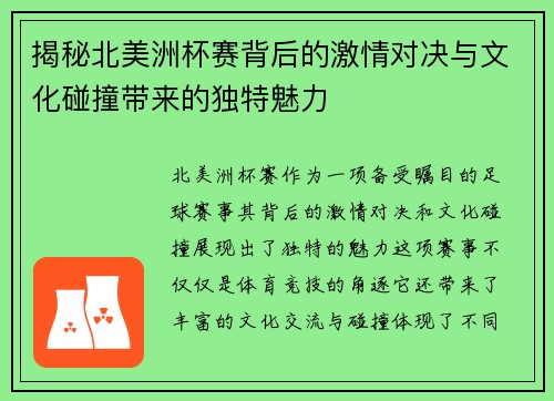 揭秘北美洲杯赛背后的激情对决与文化碰撞带来的独特魅力