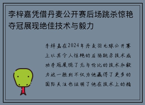 李梓嘉凭借丹麦公开赛后场跳杀惊艳夺冠展现绝佳技术与毅力 李梓嘉凭借丹麦公开赛后场跳杀惊艳夺冠展现绝佳技术与毅力